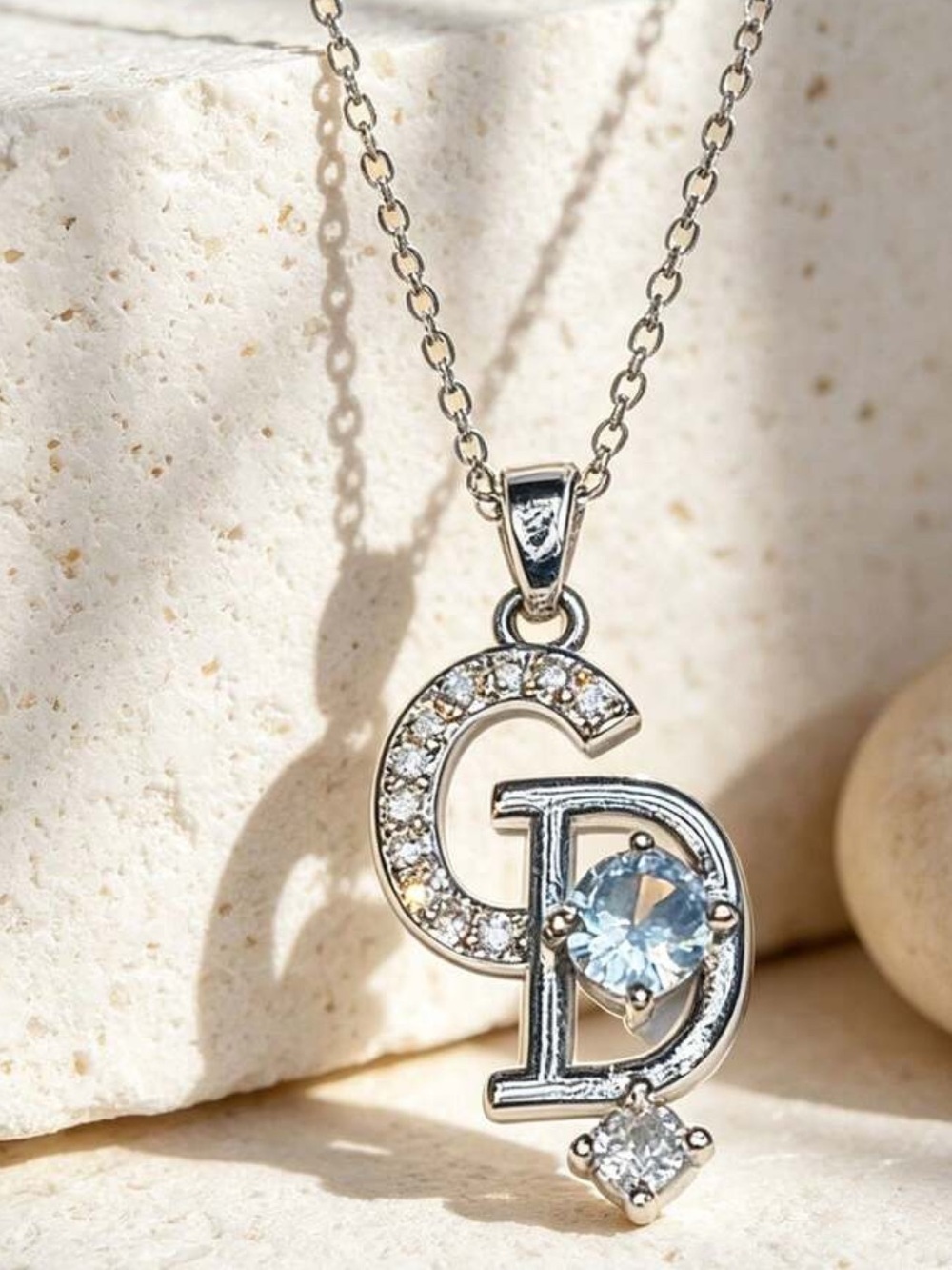 Silver tone Initial 'G' and 'D' Crystal Pendant Necklace - Clear Blue Accent
